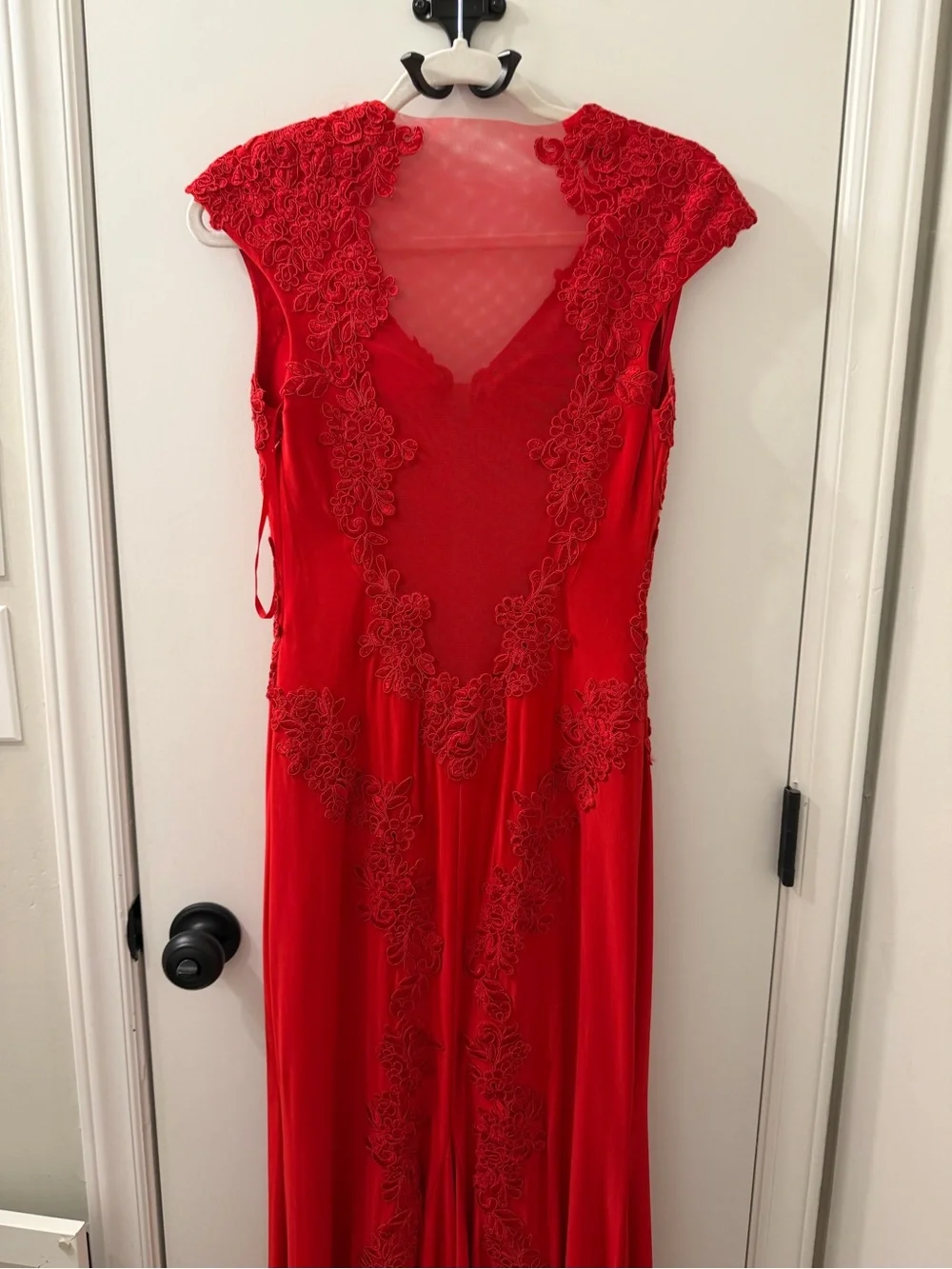 Betsy & Adam Red Lace Applique Illusion Mesh Mermaid Formal Gown Dress 4
